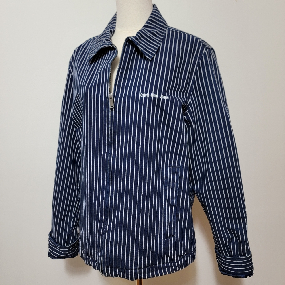 Trucker Jacket Calvin Klein Navy & White Striped Collared Medium Unisex Utility - Picture 2 of 16